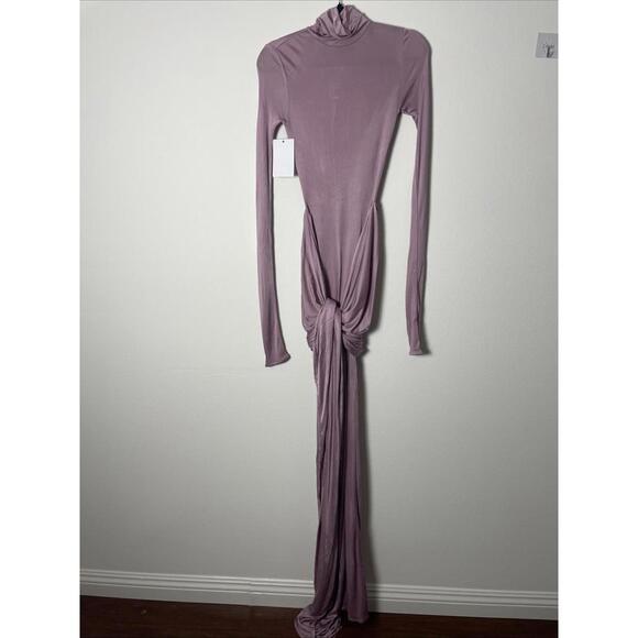 Helsa Slinky Jersey Ruched Sarong Maxi Dress Turtleneck Long purple Sz L $398 - Picture 7 of 12